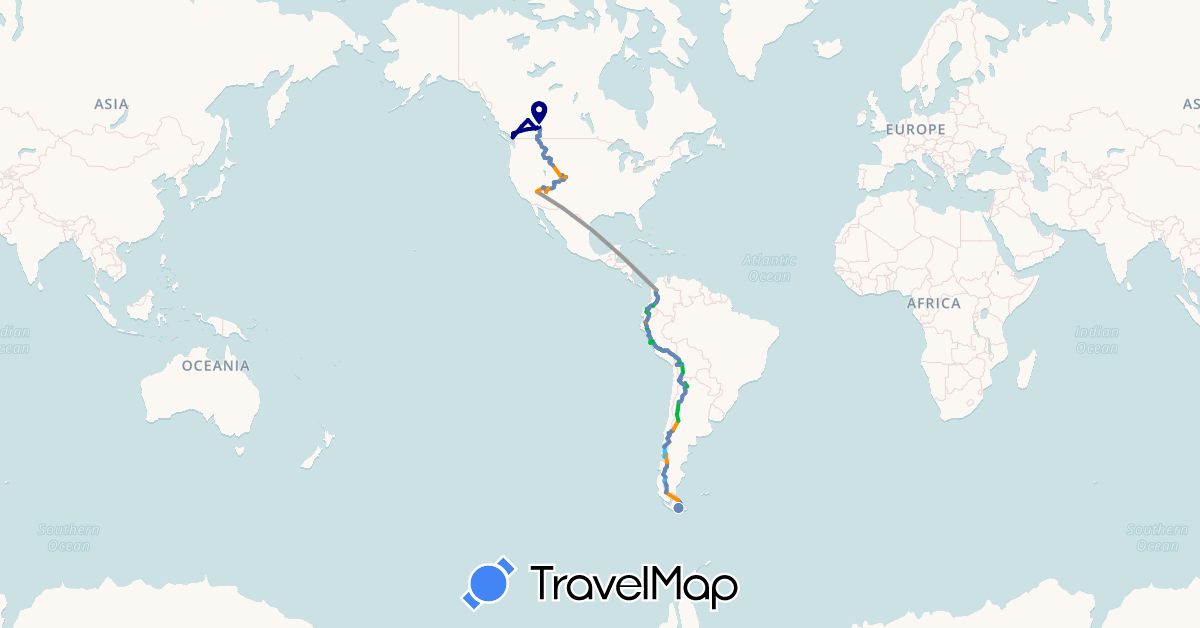 TravelMap itinerary: driving, bus, plane, cycling, hiking, boat, hitchhiking in Argentina, Bolivia, Canada, Chile, Colombia, Ecuador, Peru, United States (North America, South America)
